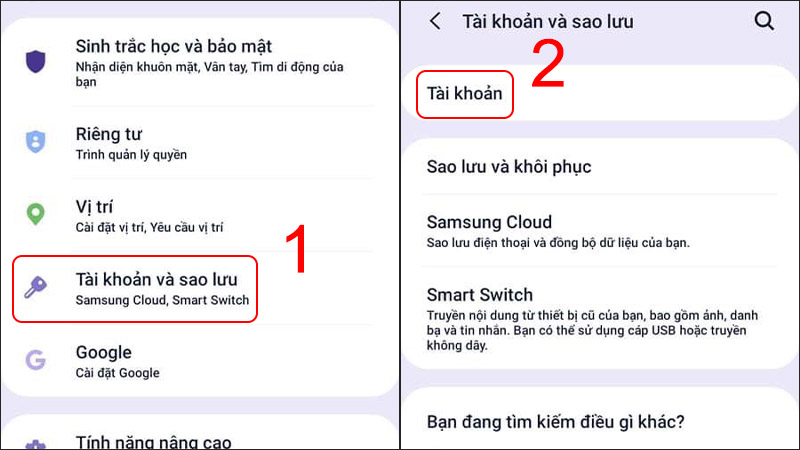 Vào Cài đặt và chọn Tài khoản 